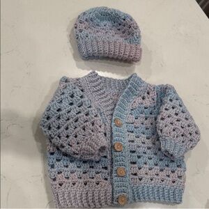 Handmade Crochet Kids Jacket and Hat Set - Blue and Pink